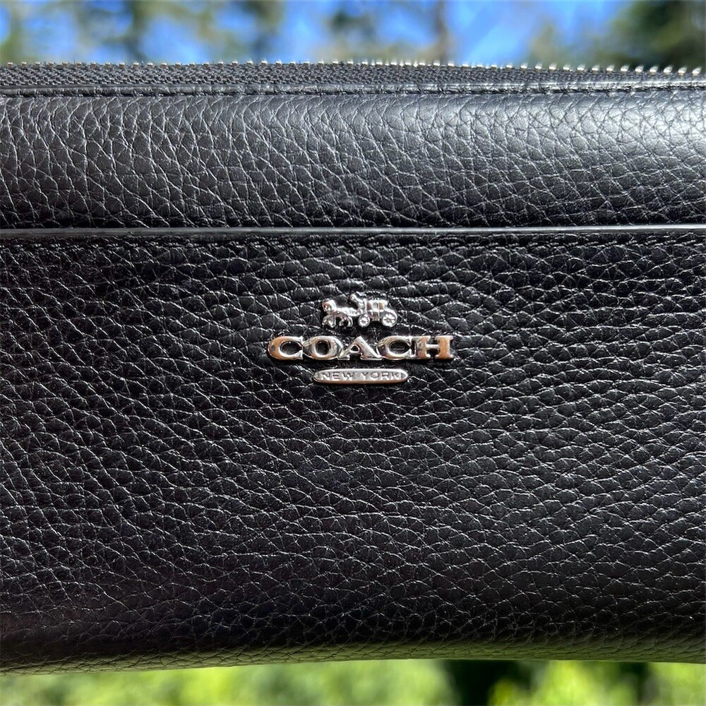 COACH Long Zip-Around Black Pebble Leather Wallet with Strap & Silver Hardware - Picture 12 of 13